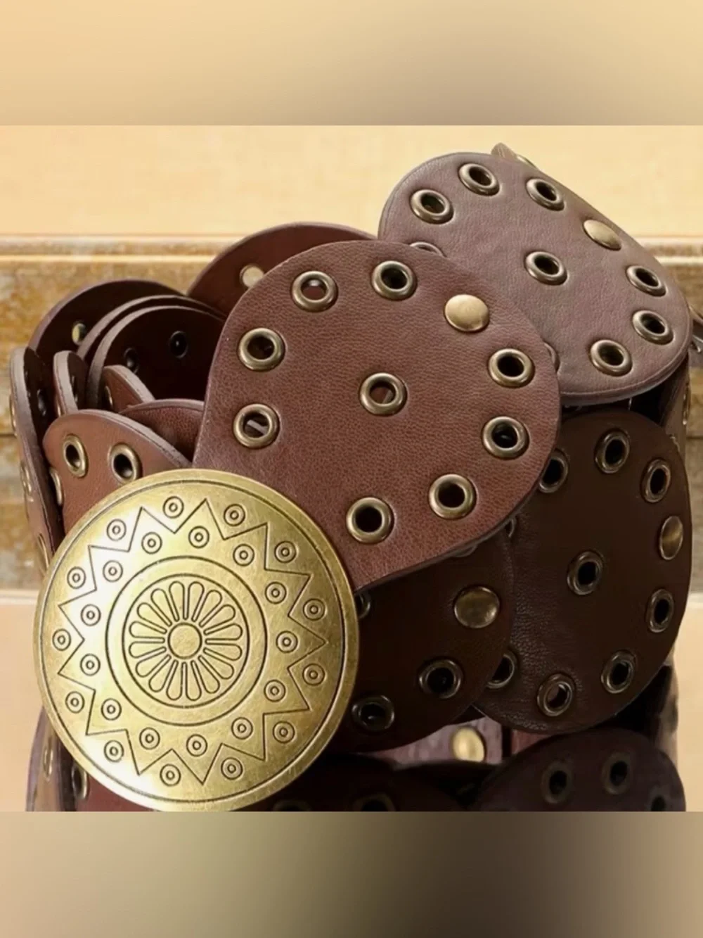 Brown Leather Womens Concho Belt with Decorative Brass Medallion